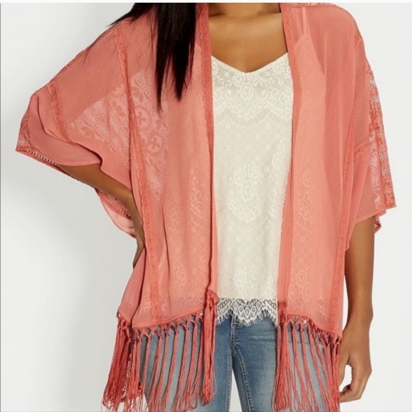 Maurices Sweaters - Maurice's Coral Pink Lace Back Tassel Kimono Cover-up  S/M